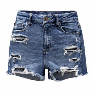 American Eagle Distressed Curvy Hi-Rise Shortie Shorts Womens 00 Blue Denim 3027
